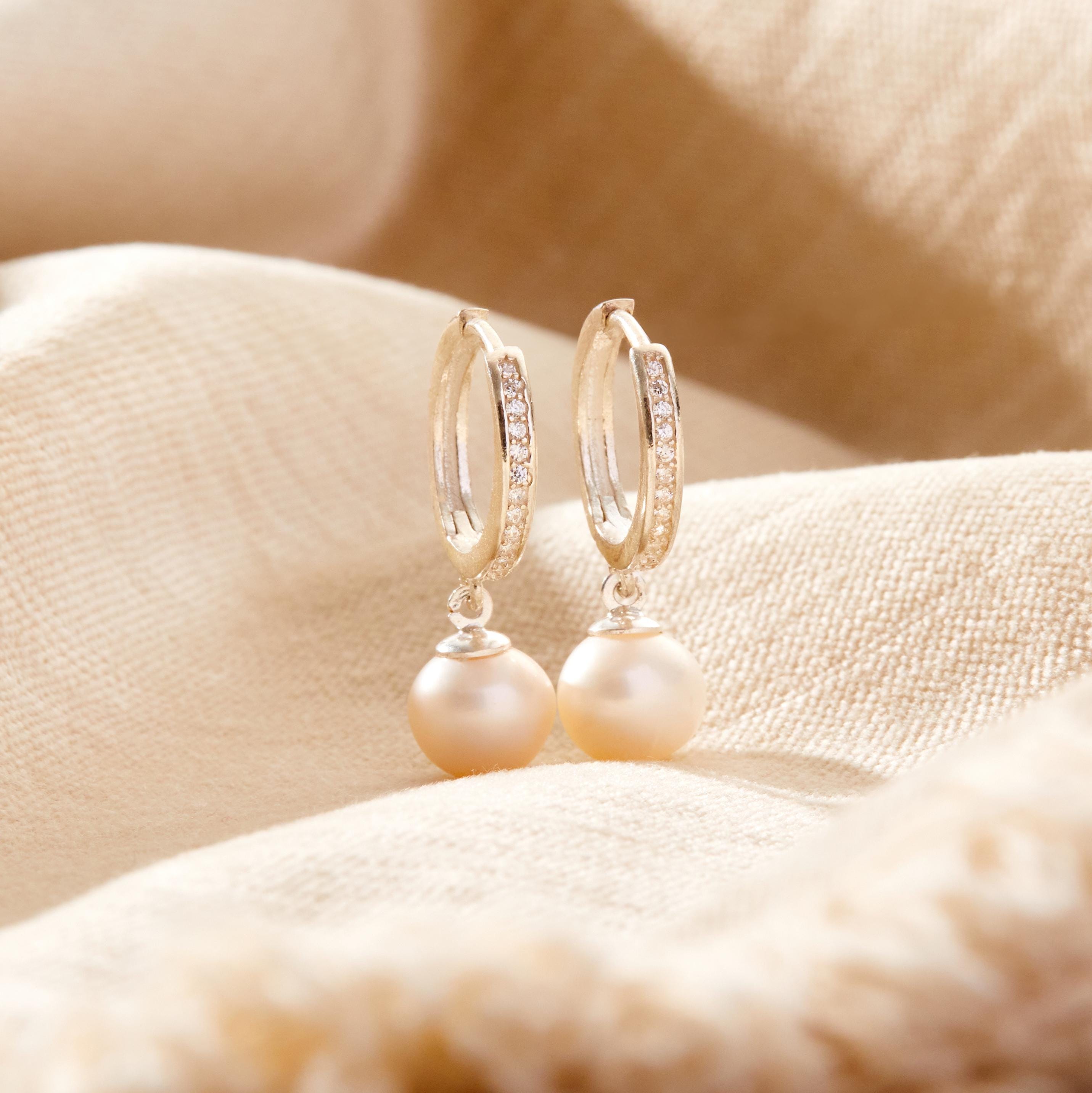 Pearl Drop Earrings, Diamond Pearl Hoop Earrings
