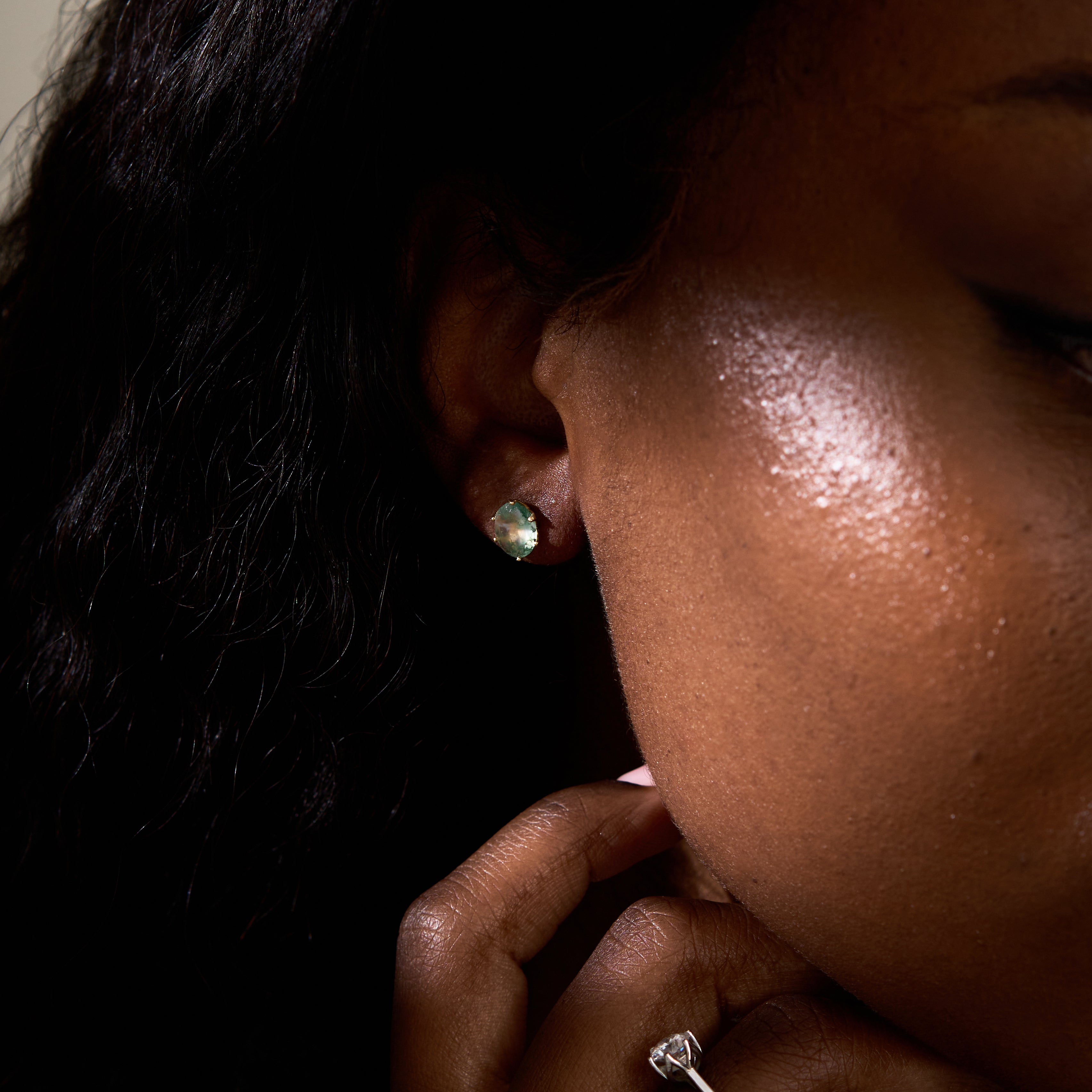 Stud Oval Moss Agate Earrings